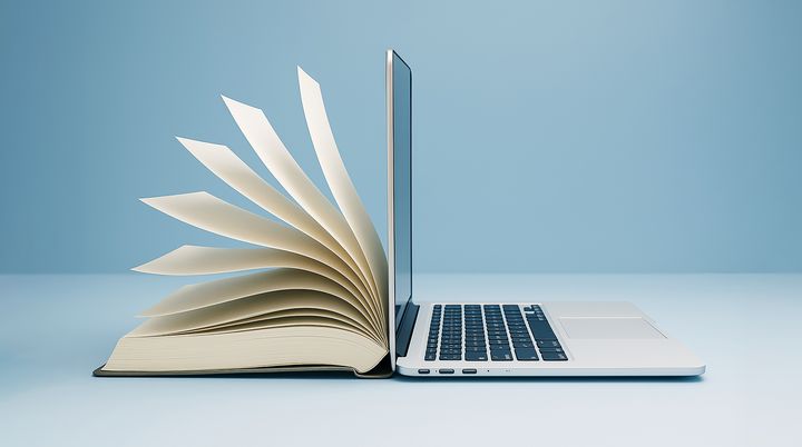 Buch und Laptop in einem Bild.