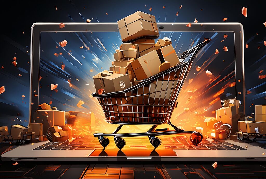 Digitale Grafik, die einen Einkaufswagen mit Paketen zeigt.
