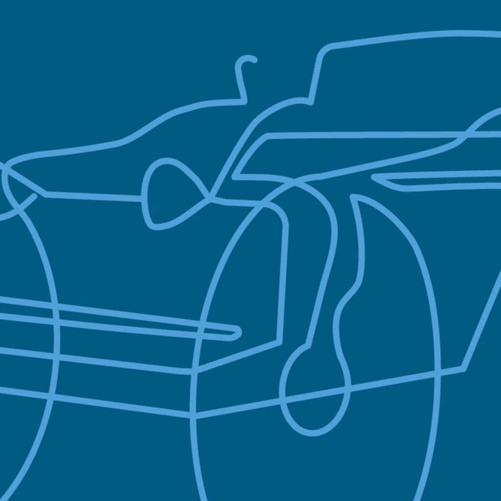 Schmuckbild: ein gezeichnetes Auto aus dem 20. Jahrhundert auf dunkelblauem Grund 