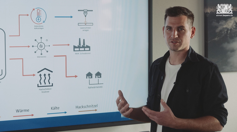 Ein Preisträger des Bayerischen Energiepreises steht vor einer Tafel mit Informationen zu Holzgas