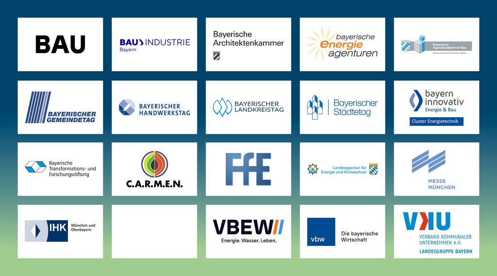 Logos der Partner des Bayerischen Energiepreises 2026, u.a. VBW, Bayerischer Landkreistag, BAU, Bayerischer Städtetag, Bayerische Ingeneurskammer, LENK, Bayern Innovativ,C.A.R.M.E.N., Messe München, Ffe, Bayerischer Gemeindetag, VBEW, Bayerischer Handwerktag