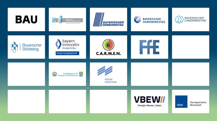Logos der Partner des Bayerischen Energiepreises 2026, u.a. VBW, Bayerischer Landkreistag, BAU, Bayerischer Städtetag, Bayerische Ingeneurskammer, LENK, Bayern Innovativ,C.A.R.M.E.N., Messe München, Ffe, Bayerischer Gemeindetag, VBEW, Bayerischer Handwerktag