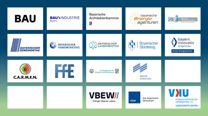 Logos der Partner des Bayerischen Energiepreises 2026, u.a. VBW, Bayerischer Landkreistag, BAU, Bayerischer Städtetag, Bayerische Ingeneurskammer, LENK, Bayern Innovativ,C.A.R.M.E.N., Messe München, Ffe, Bayerischer Gemeindetag, VBEW, Bayerischer Handwerktag