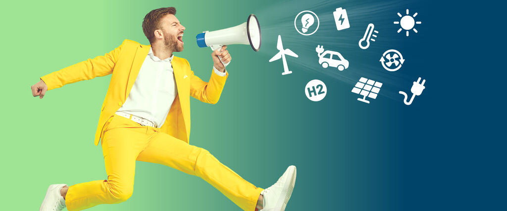 Ein Mann mit einem Megafon und Icons zu verschiedenen Energiethemen.