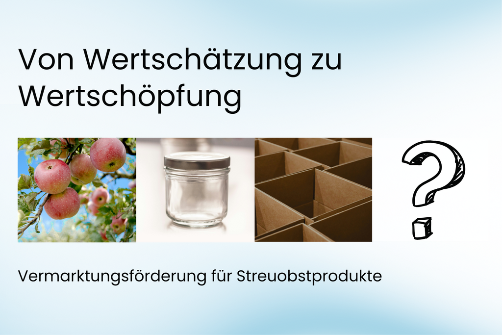 Neben der Abbildung von Äpfeln, einem Glas und Karton wird die Frage nach Vermarktungsförderung für Streuobstprodukte aufgeworfen.