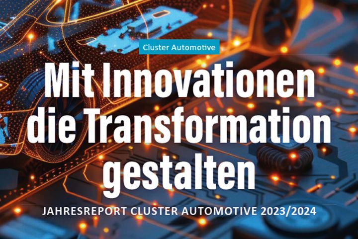 Schmuckbild: Jahresreport des Clusters Automotive mit Überschrift: Mit Innovationen die Transformation gestalten