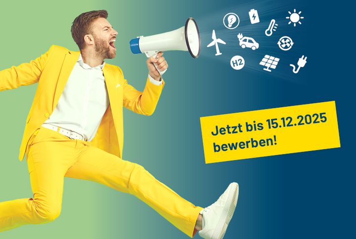 Ein Mann mit einem Megafon und Icons zu verschiedenen Energiethemen. Dazu der Zusatz, jetzt bis 15.12.2025 bewerben