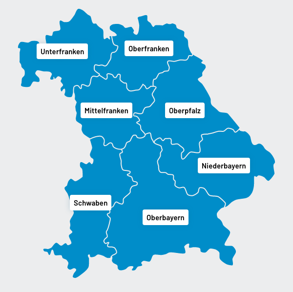 Zu sehen ist eine Landkarte der bayerischen Kommunen. Wählen Sie eine Kommune aus um weitere Information zu erhalten.